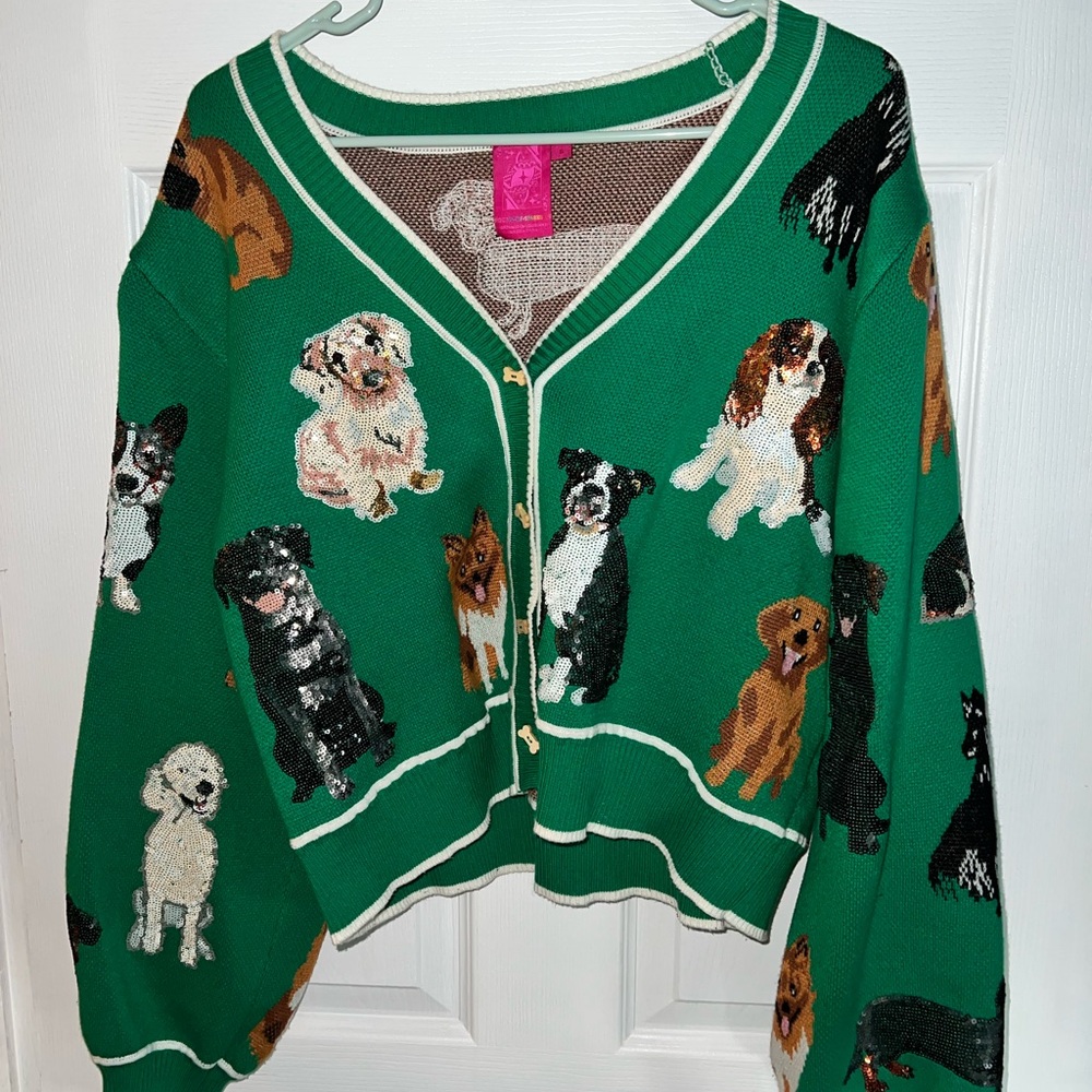 QUEEN OF SPARKLES Green Dog Pattern Cardigan
